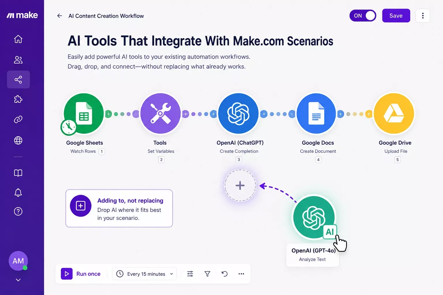 Make.com scenario canvas with an AI tool module being added to an existing automation