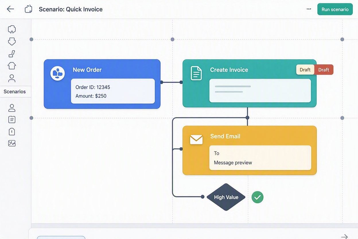 Make.com visual workflow builder showing connected automation modules