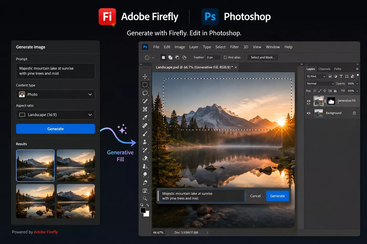 Adobe Firefly interface showing an image being edited inside Photoshop with generative fill