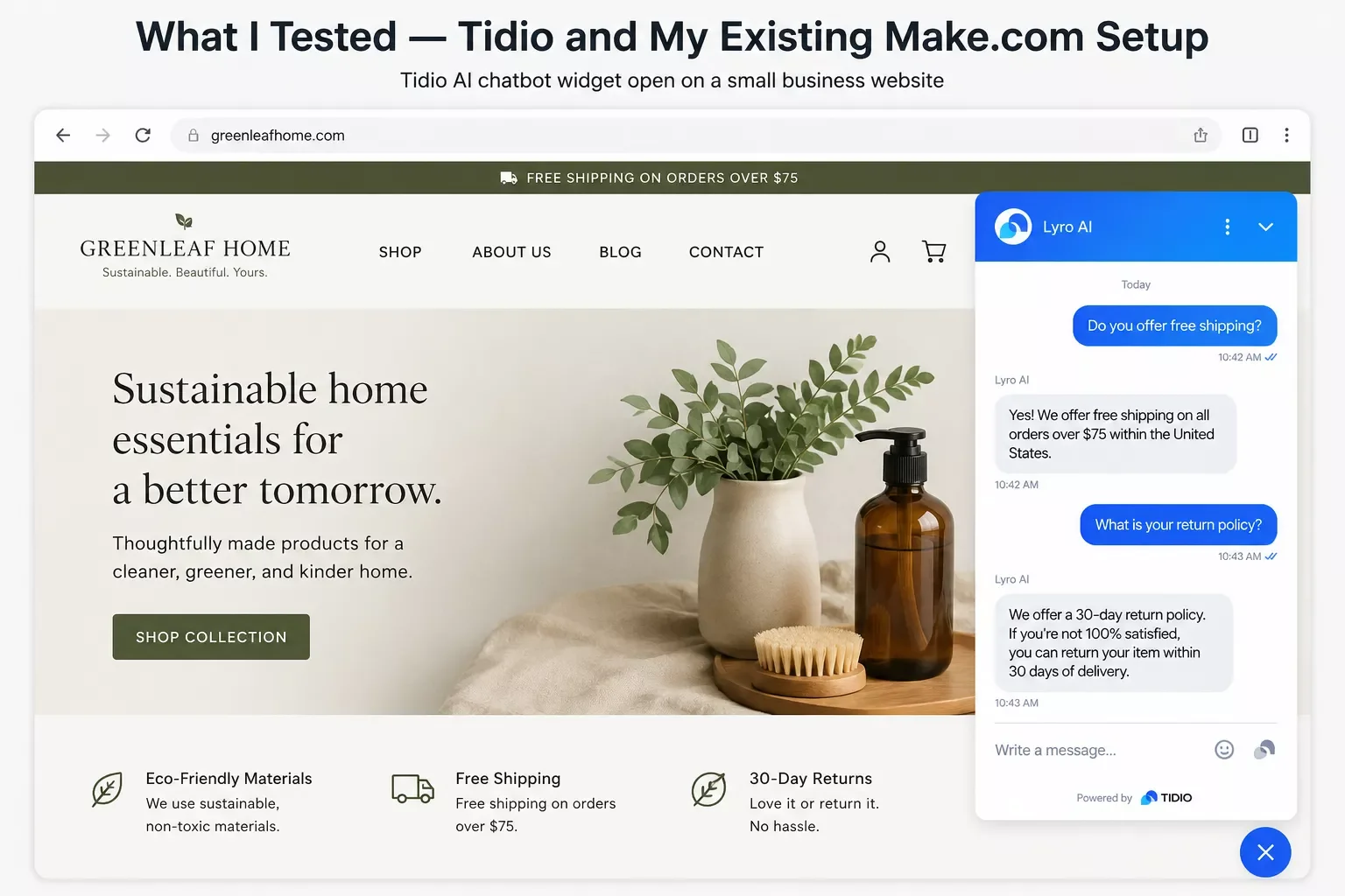 Tidio AI chatbot widget open on a small business website