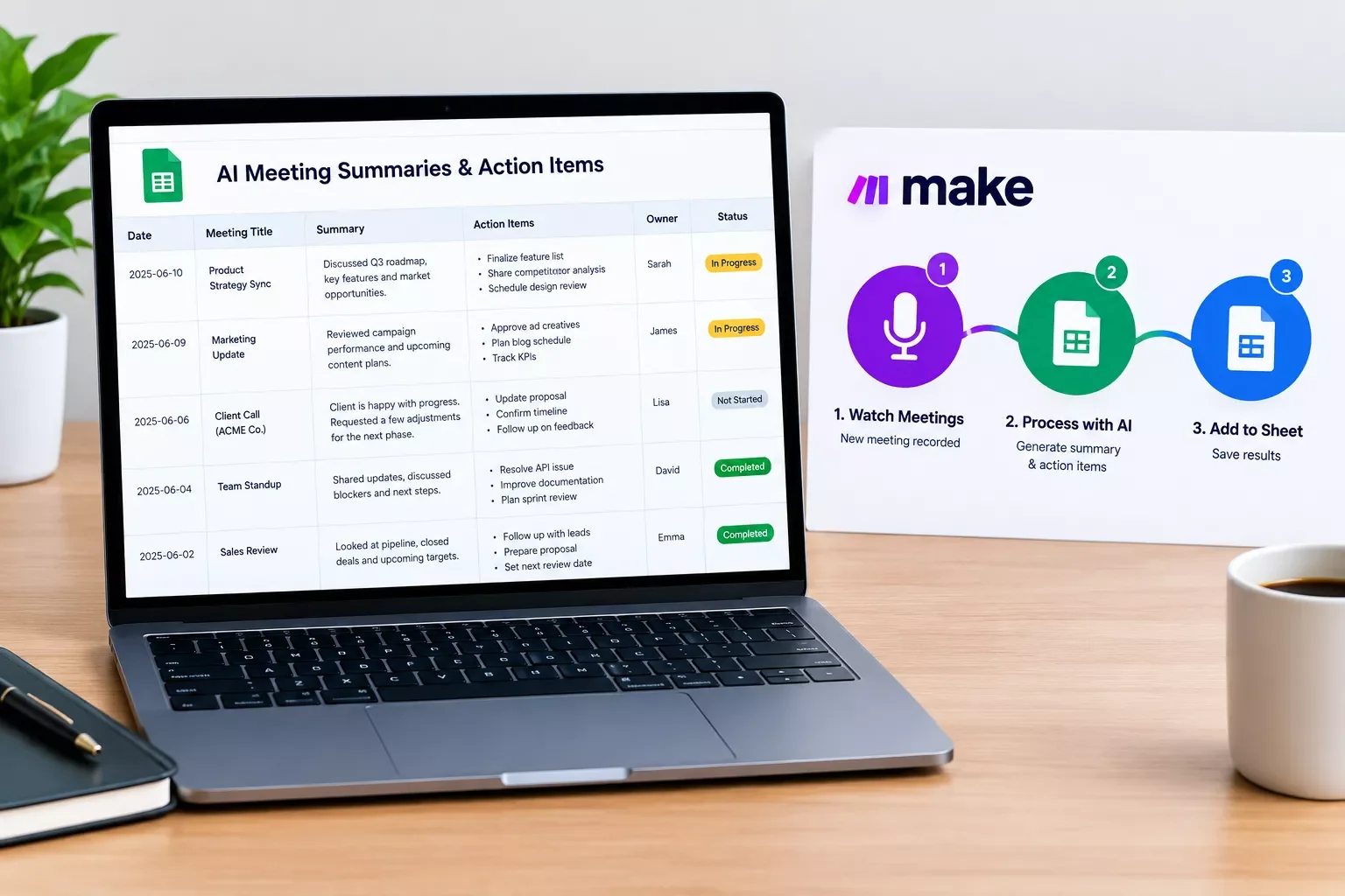 Laptop with a spreadsheet of AI meeting notes next to a three-module Make scenario