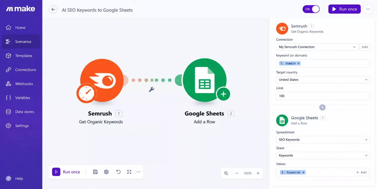 Make.com scenario canvas showing an AI SEO tool module connected to a spreadsheet trigger