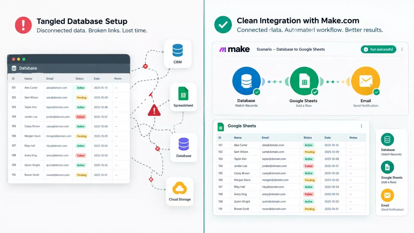 Split view of a tangled database setup beside a clean grid linked to connected automation modules