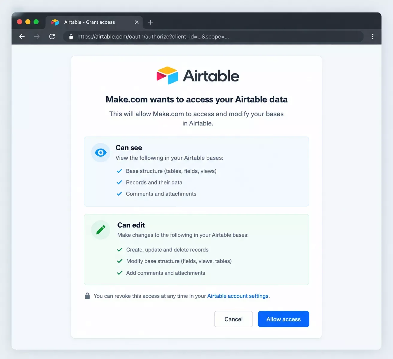 Screenshot of the Airtable connection permission screen showing both can-see and can-edit sections
