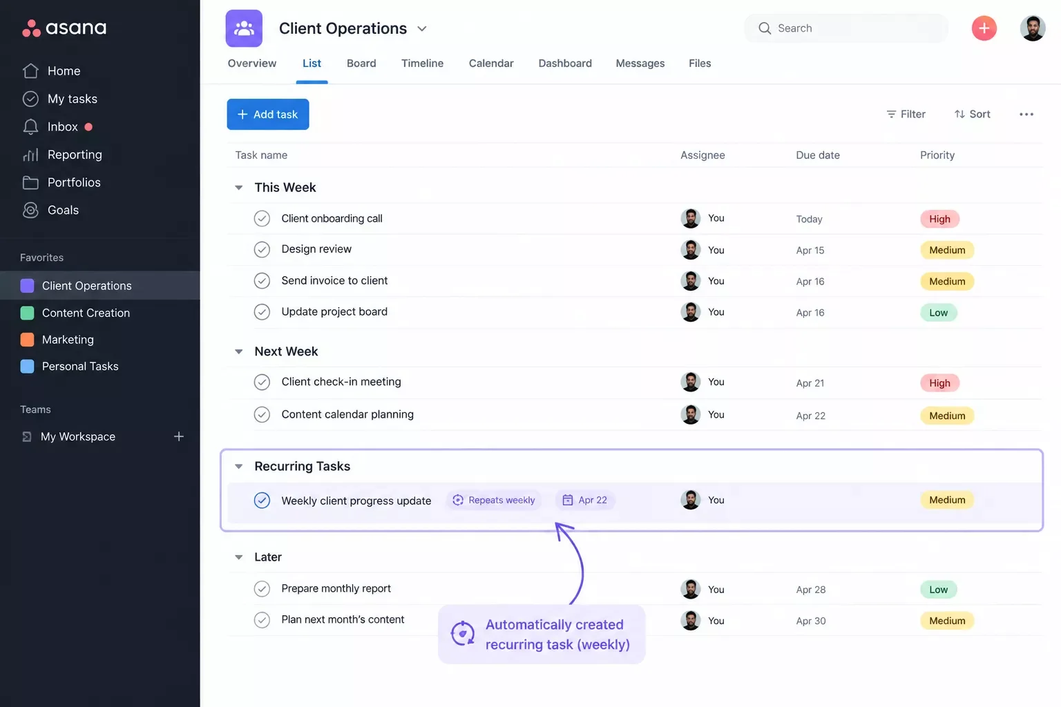 Screenshot showing a weekly recurring task automatically created in Asana