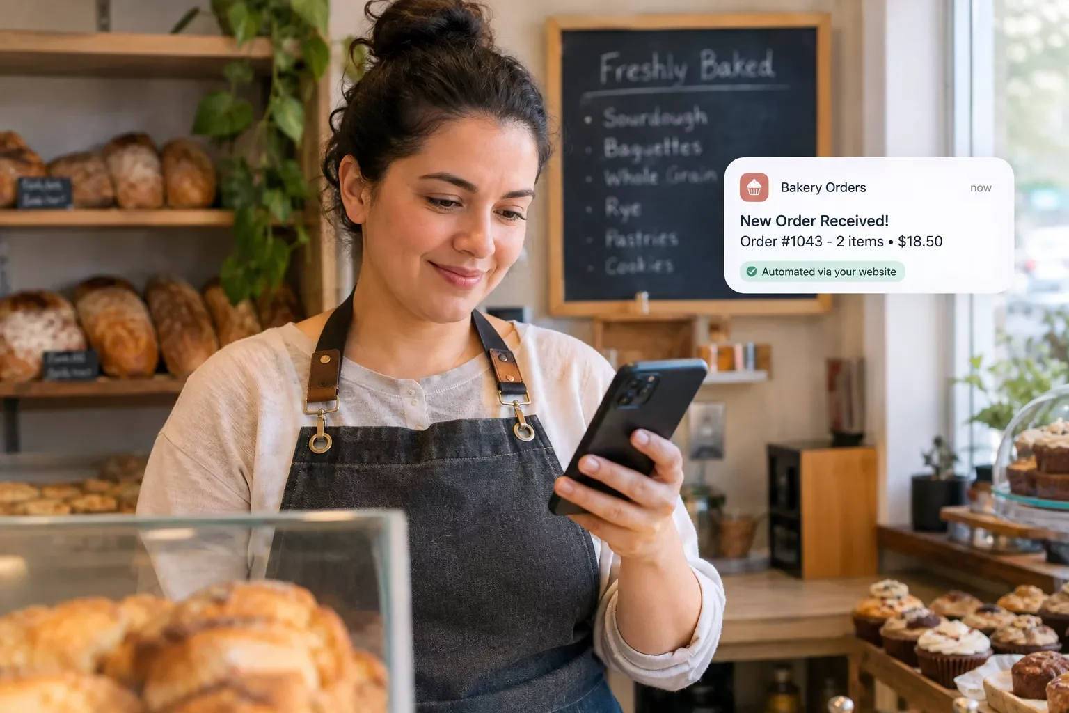 Small bakery owner checking an automated order notification on a phone
