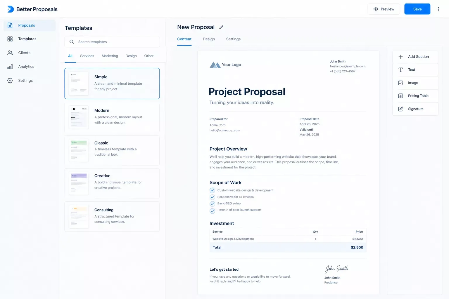 Better Proposals simple template editor screen for freelancers