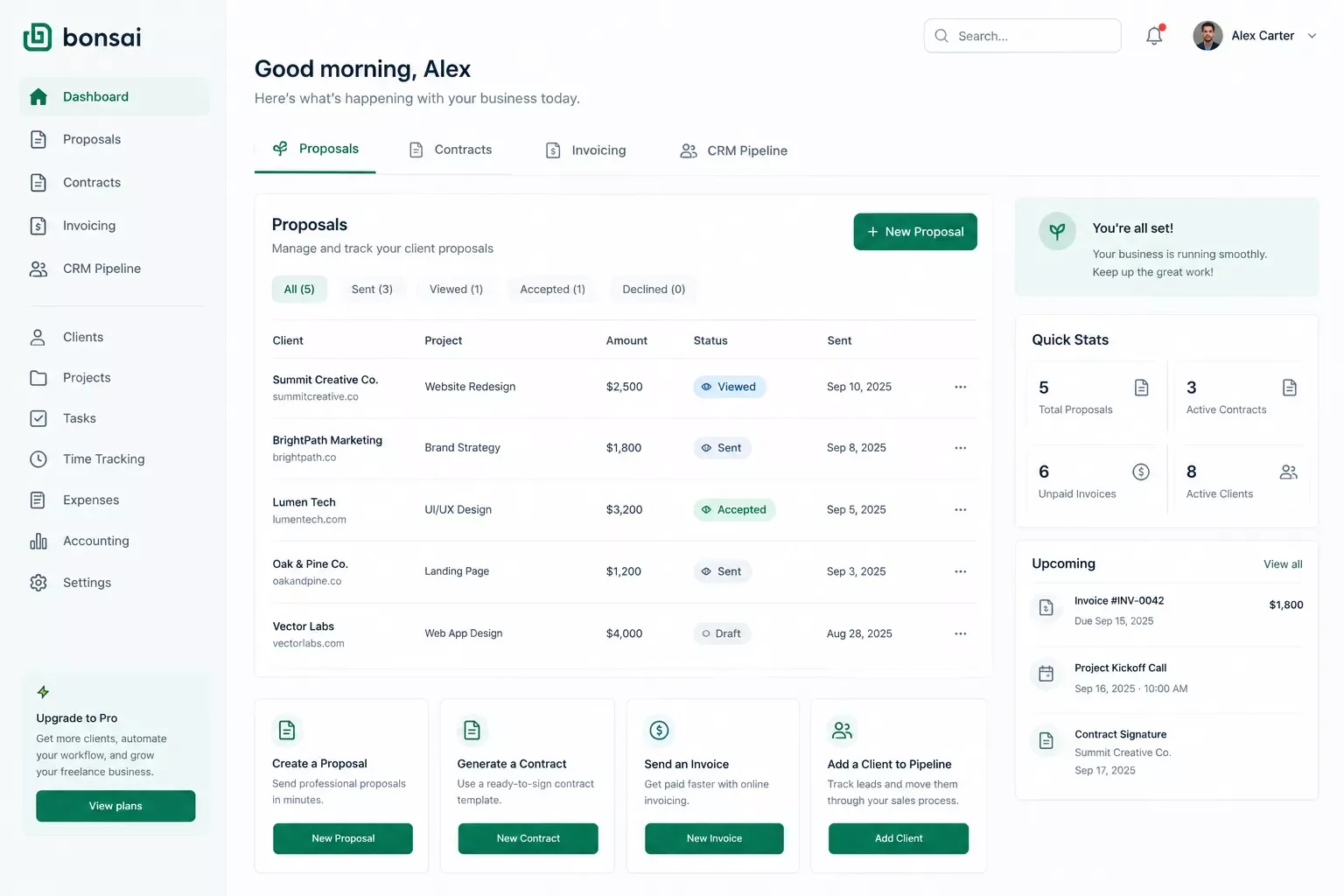 Bonsai all-in-one freelancer dashboard showing proposals, contracts, and invoicing tabs