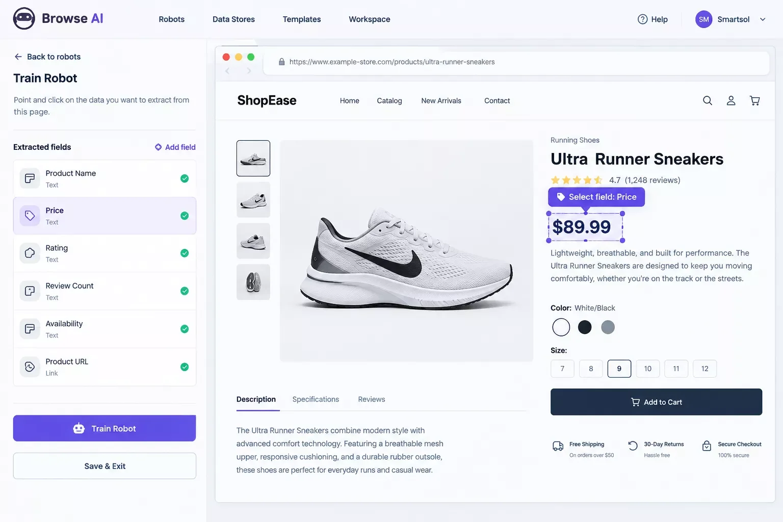 Browse AI robot-training dashboard showing a highlighted data field being selected on a live webpage