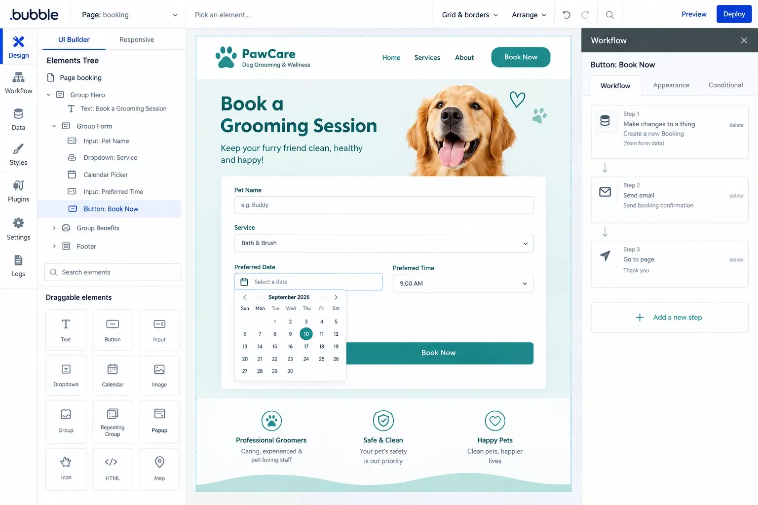 Bubble editor showing a drag-and-drop booking form being built for a dog grooming app
