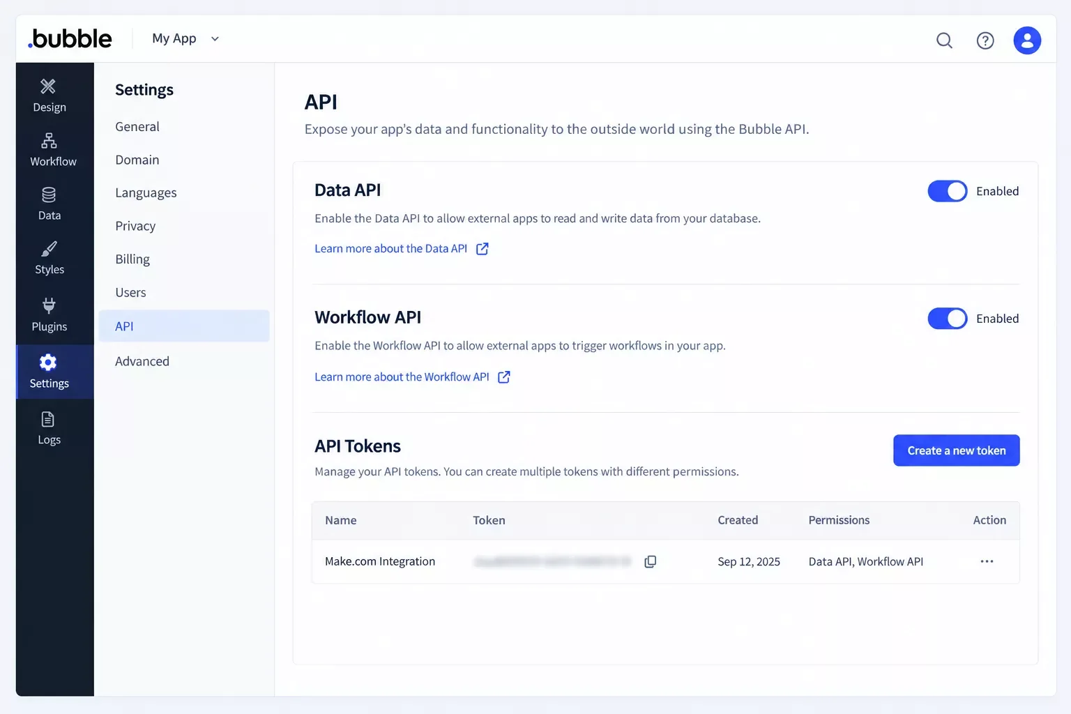 Bubble Settings API tab with the Data API and Workflow API options enabled and an API token created
