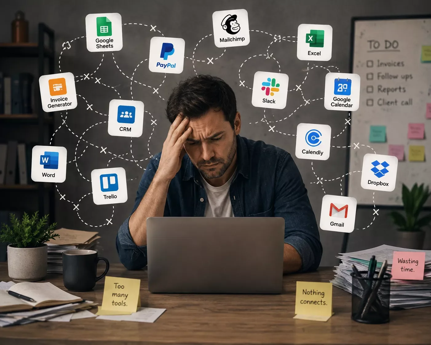 Small business owner surrounded by disconnected app icons representing broken automation
