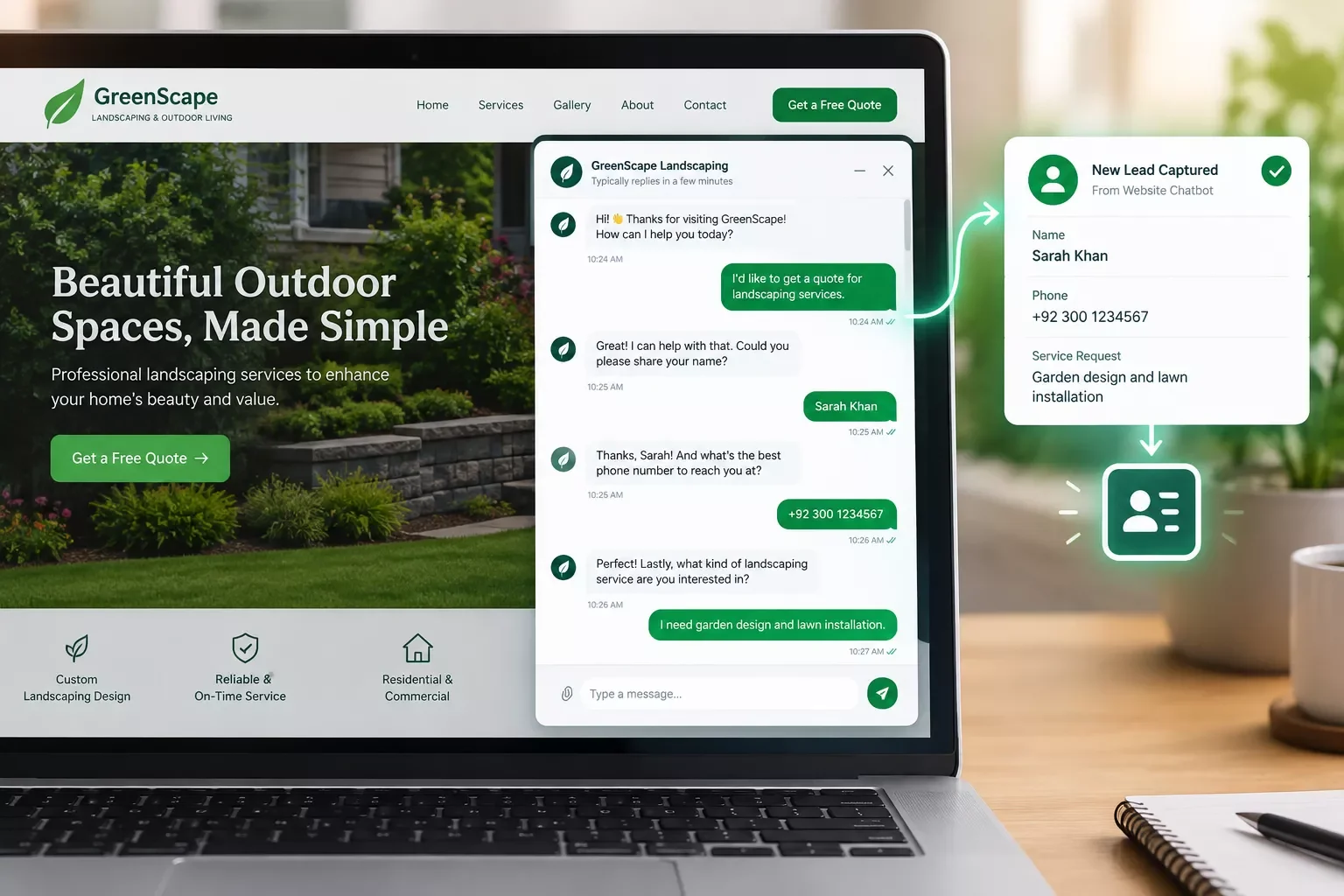 Chatbot conversation capturing a lead's name, phone number, and service request on a small business website