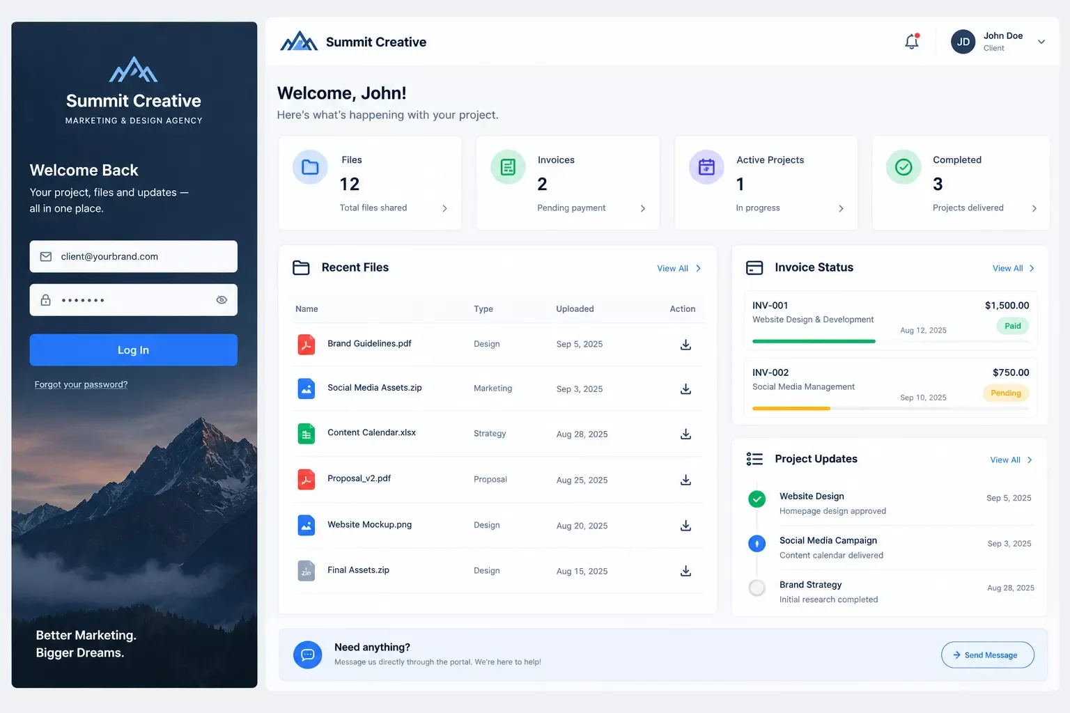 Client portal dashboard showing a small agency's branded client login with files, invoice status, and project updates in one view