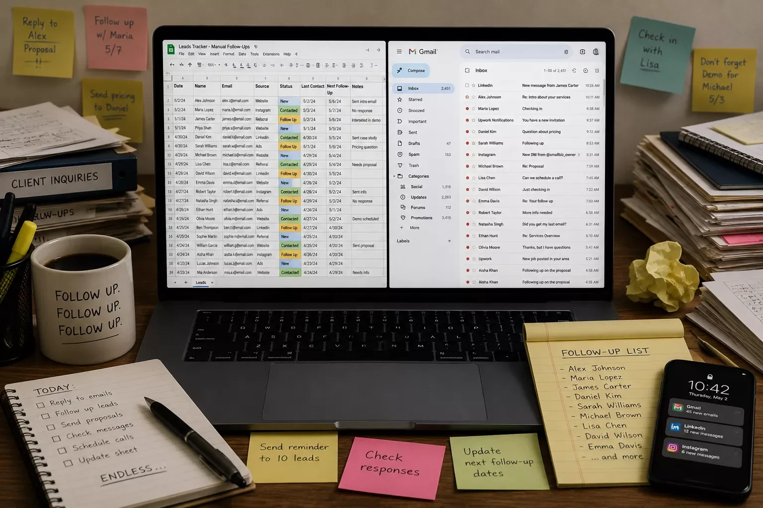 Cluttered spreadsheet and email inbox representing manual CRM follow-up tracking