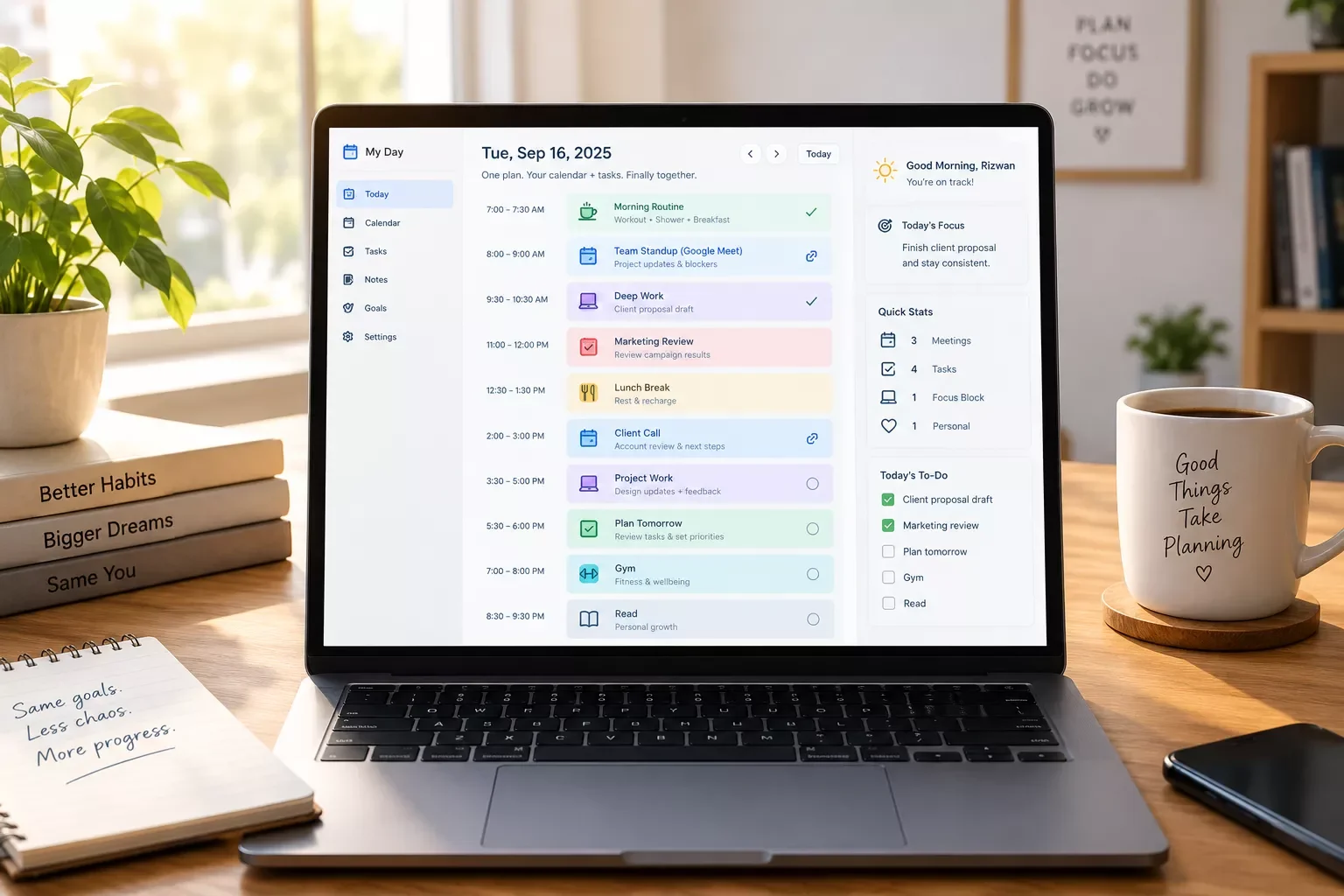 Clean single-screen daily plan showing merged calendar events and tasks in one timeline
