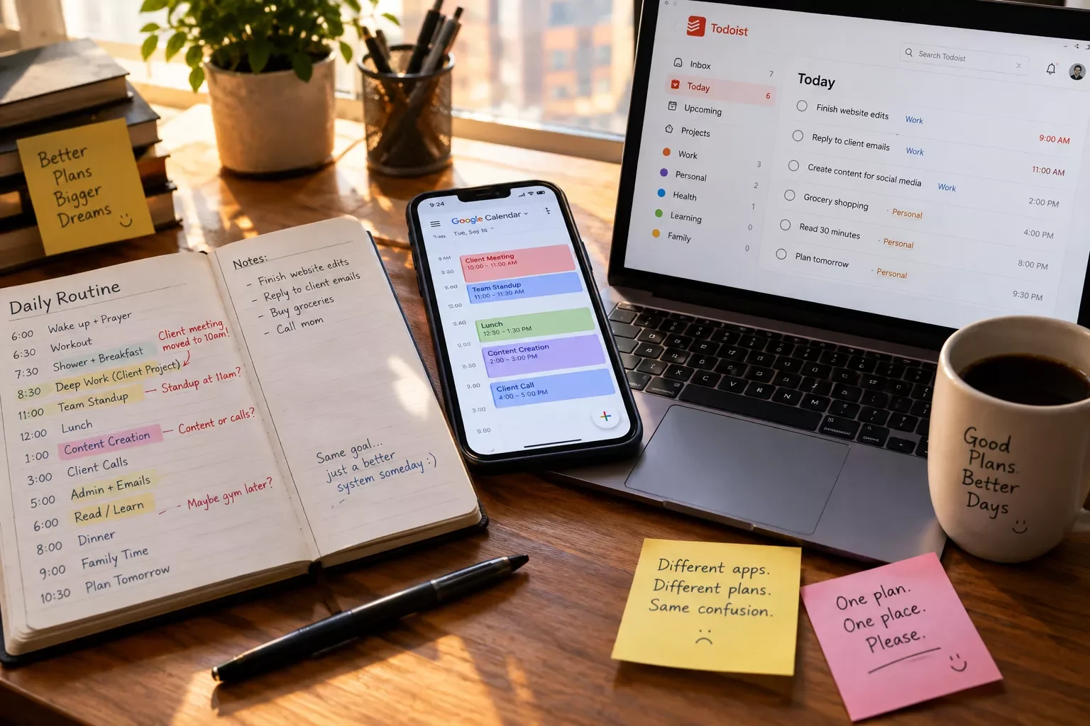 Cluttered morning desk with a paper planner, phone calendar, and task app all open at once