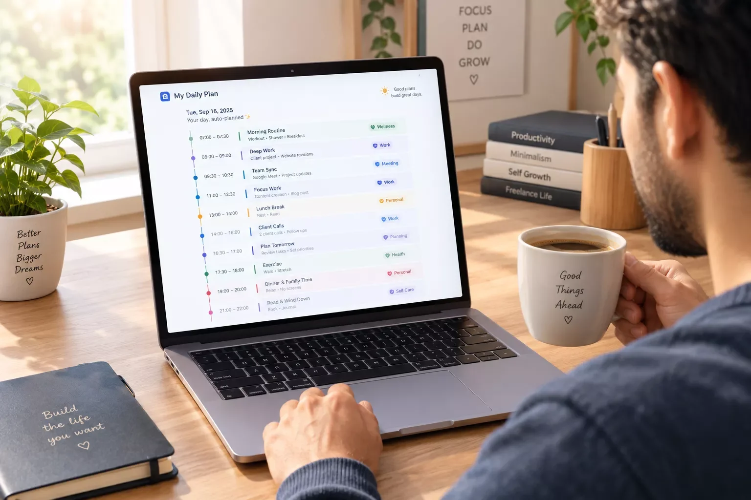 Solopreneur reviewing an already-built daily plan on a laptop with a cup of coffee