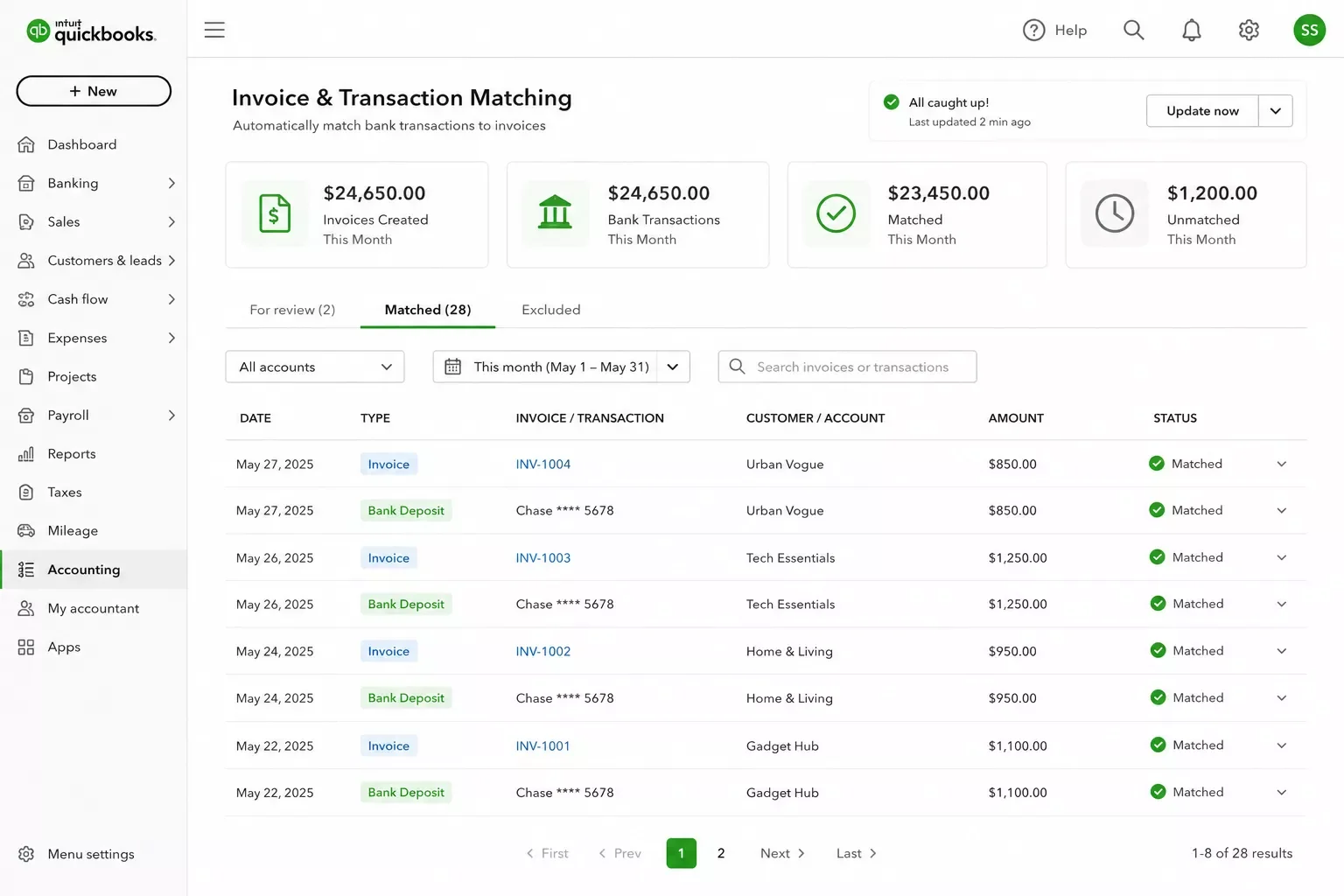 Dashboard view of automated invoice and transaction matching for a small online store