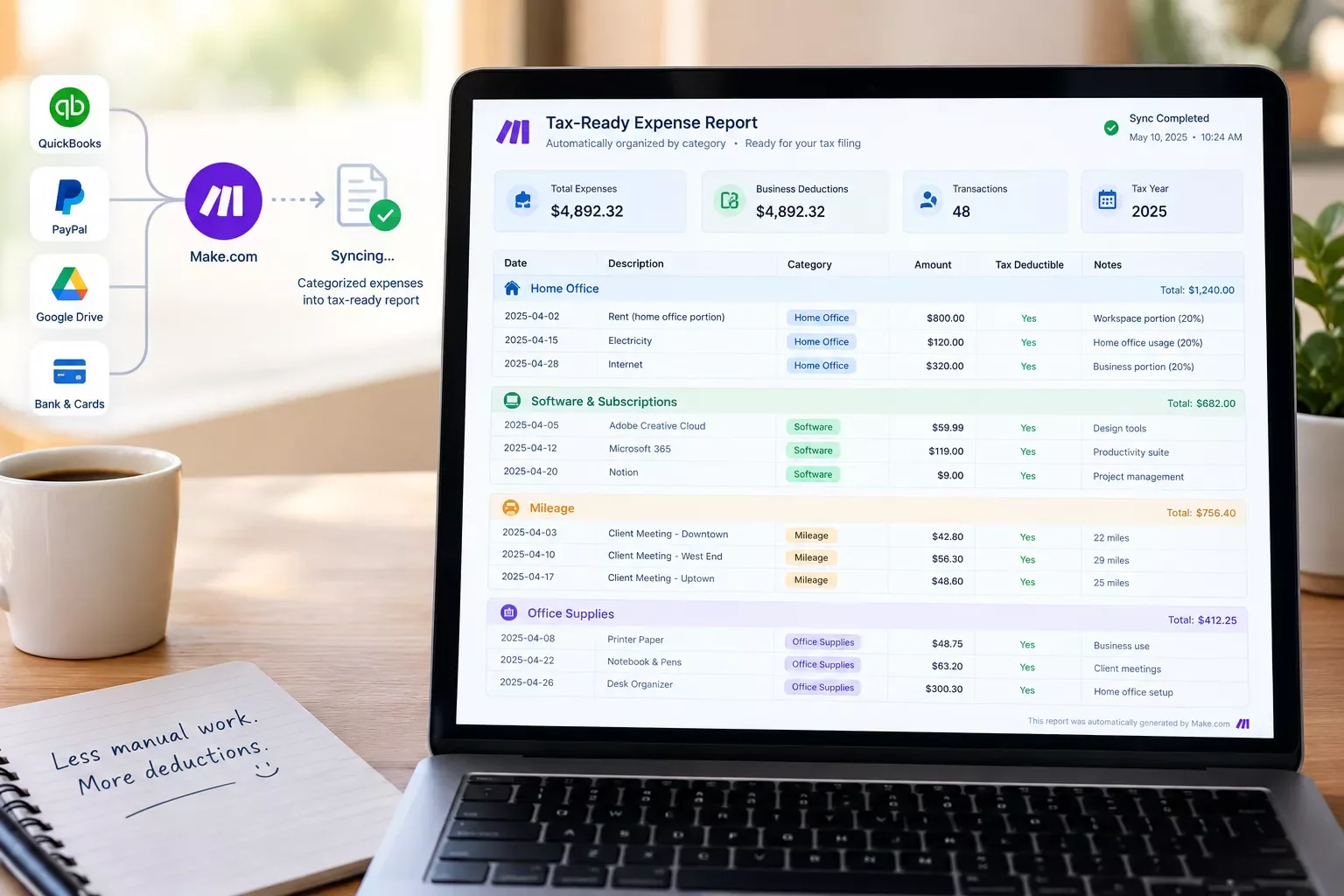 Sample tax-ready expense report automatically organized by category