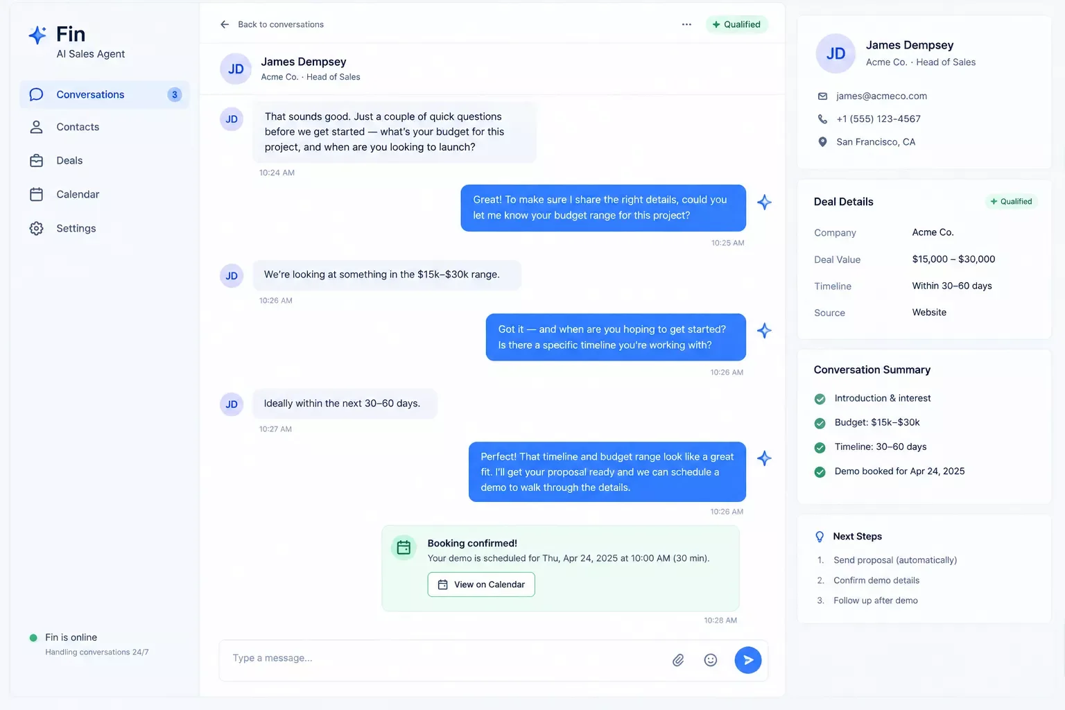 Screenshot-style mockup of a Fin for Sales conversation showing budget and timeline questions being asked
