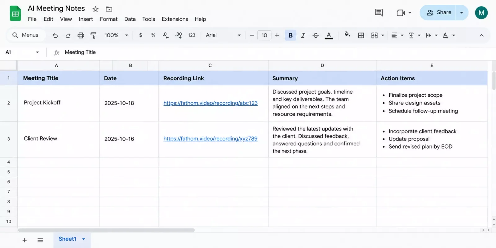 Google Sheets table with columns for meeting title, date, recording link, summary and action items