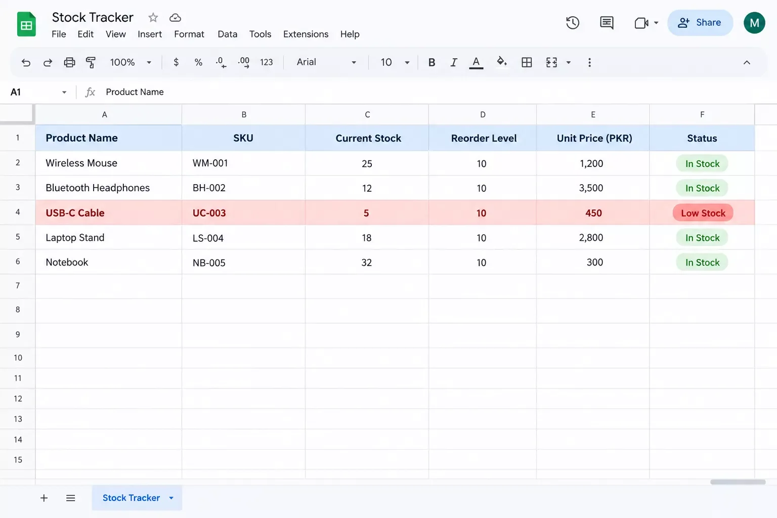 Google Sheets stock tracker with six columns and one row highlighted red for low stock
