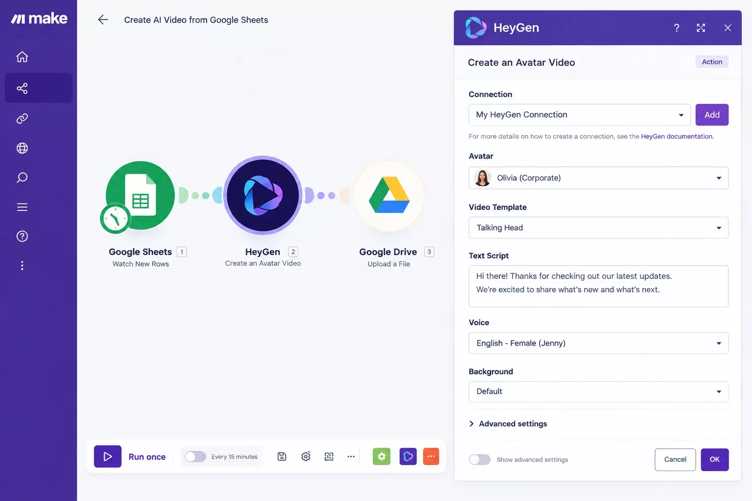 HeyGen native app inside Make.com scenario builder showing Create an Avatar Video action