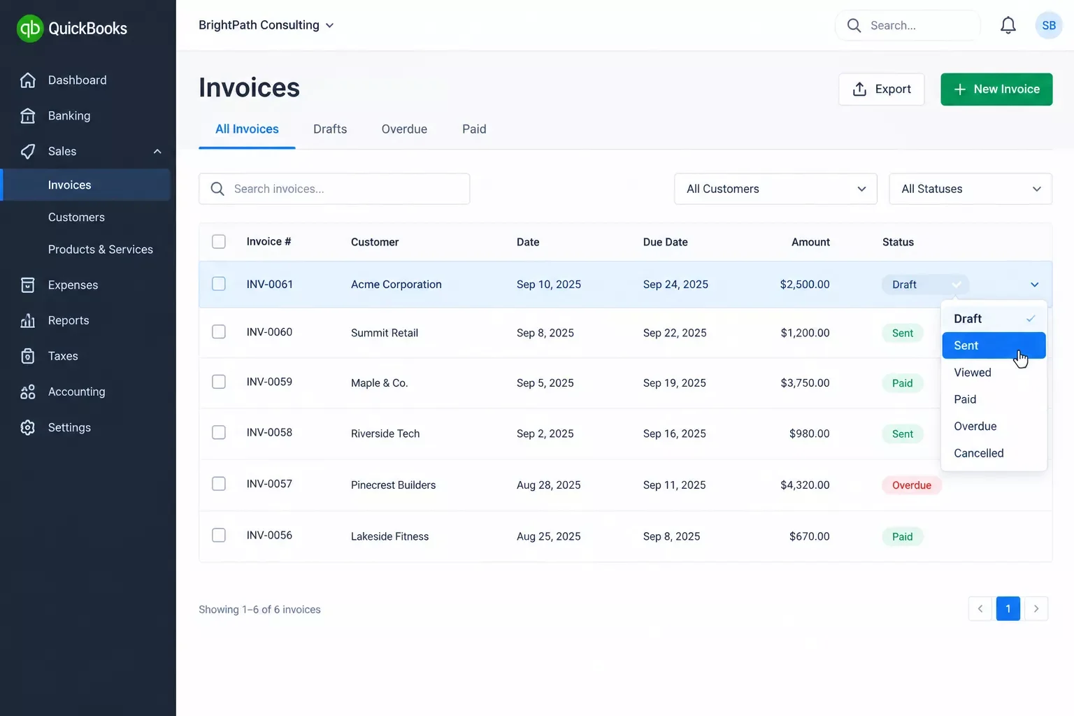 Screenshot-style graphic showing an invoice status being changed from Draft to Sent in a small business accounting dashboard