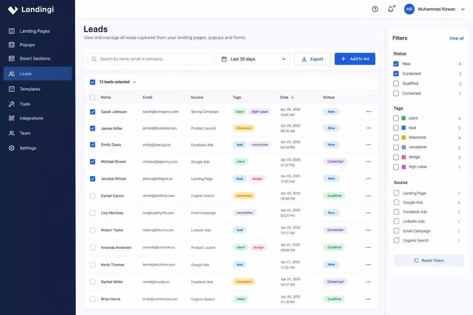 Landingi lead management dashboard showing captured leads ready to export or route