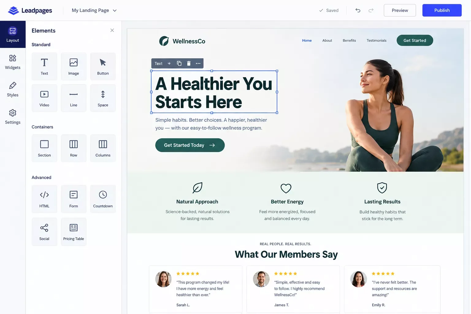 Leadpages drag-and-drop editor showing a landing page template being customized