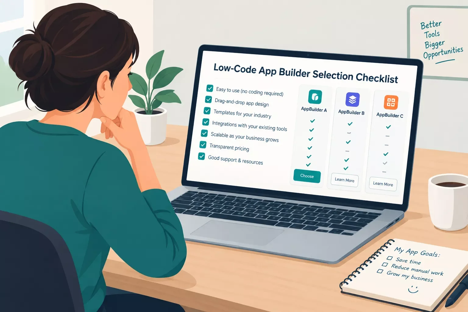 Small business owner comparing low-code app builder options on a laptop