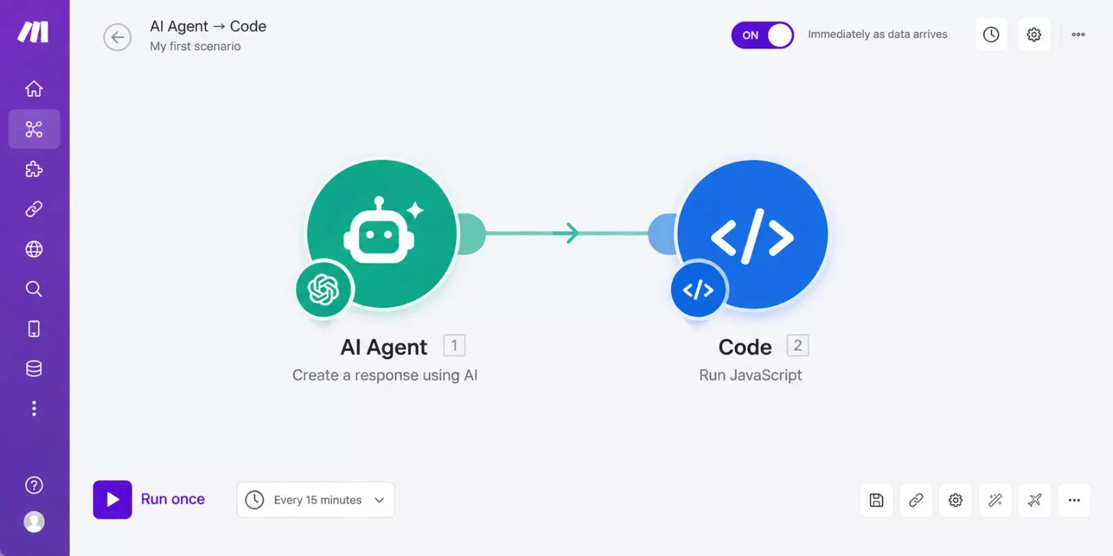 Make.com scenario canvas showing an AI Agent module connected to a Code module