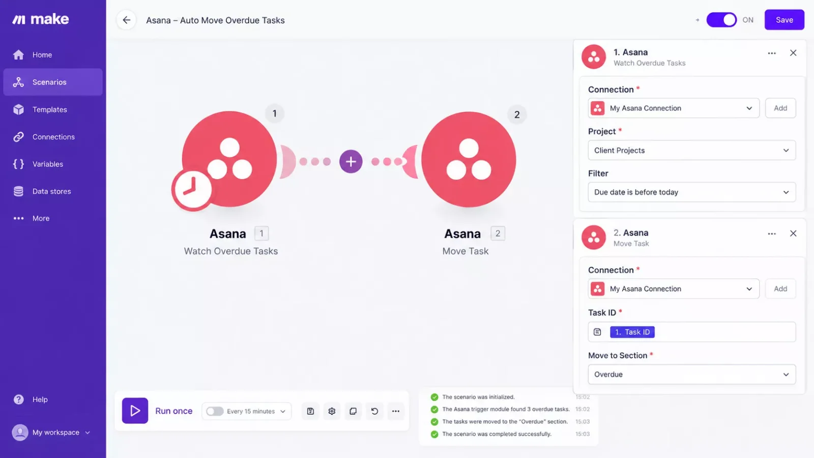 Screenshot showing a Make.com scenario connected to Asana with a due-date trigger and move-task action