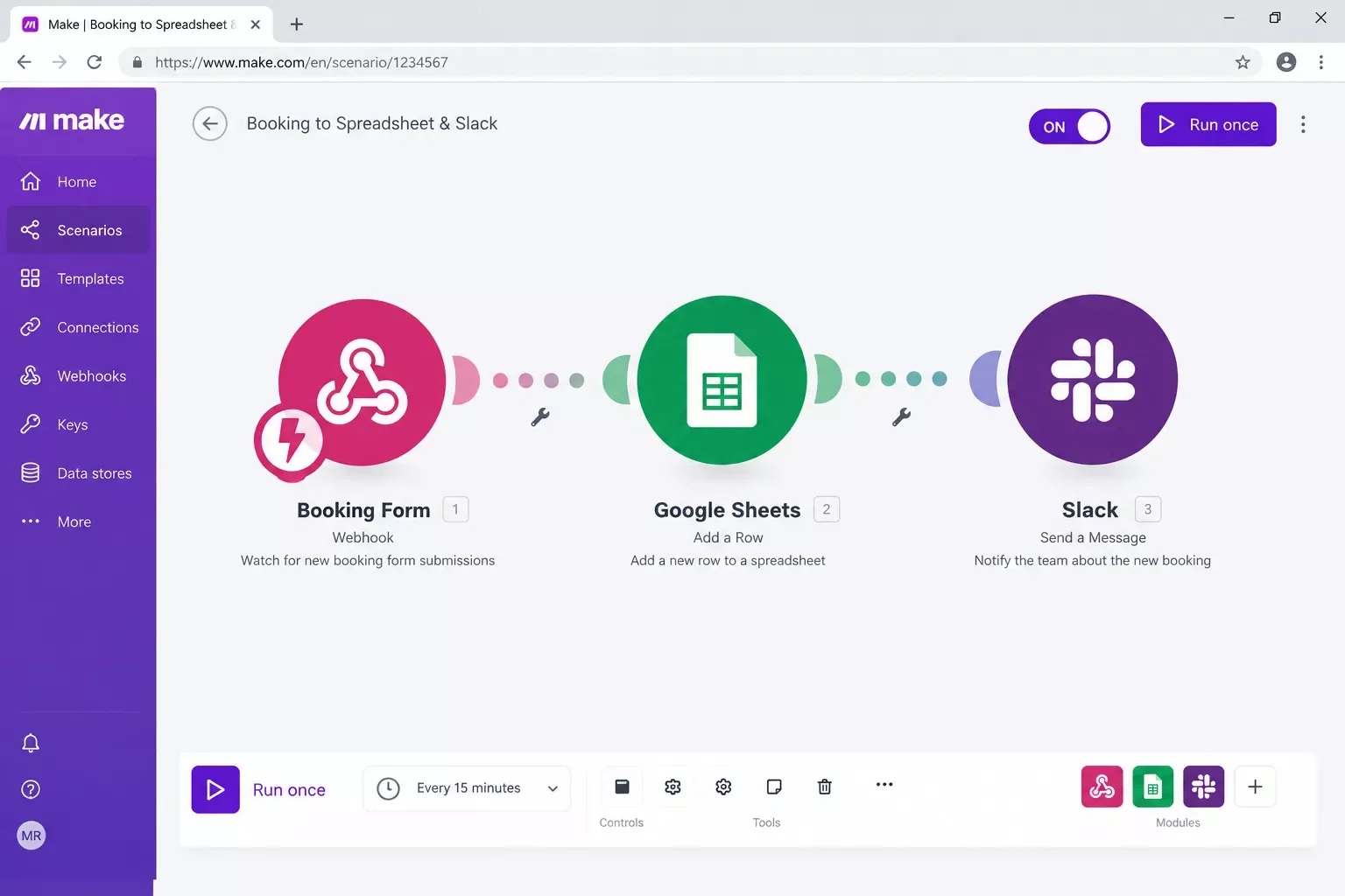 Screenshot showing a Make.com scenario connecting a booking form to a spreadsheet and Slack notification