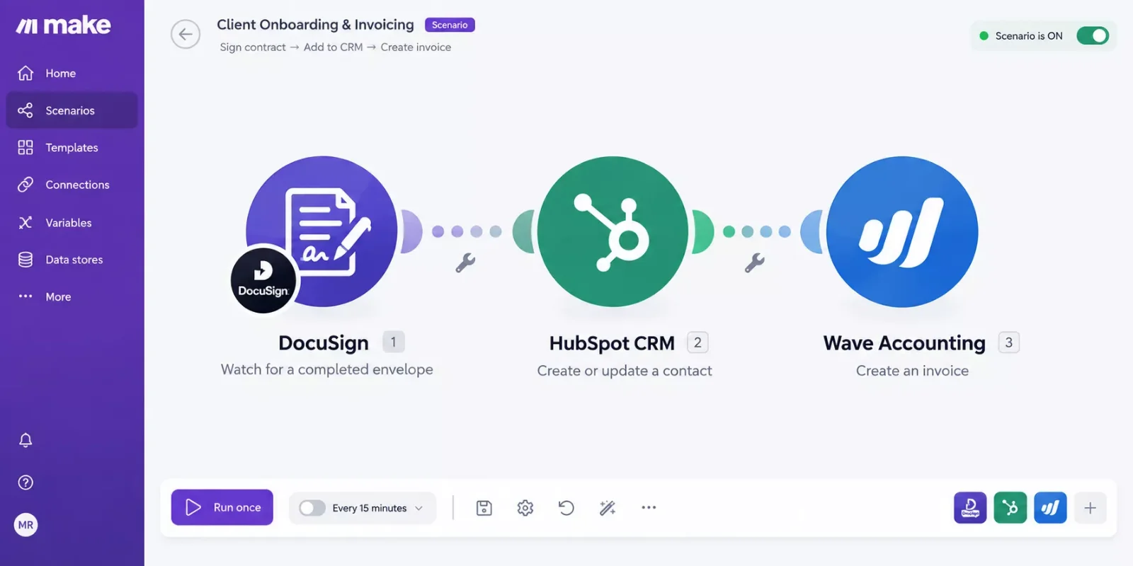 Make.com scenario connecting an e-signature tool to a CRM and invoicing app