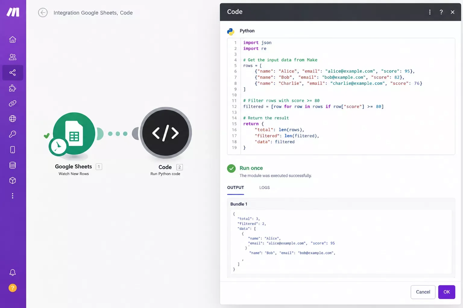 Make.com Code app editor showing AI-generated Python code with a successful test run