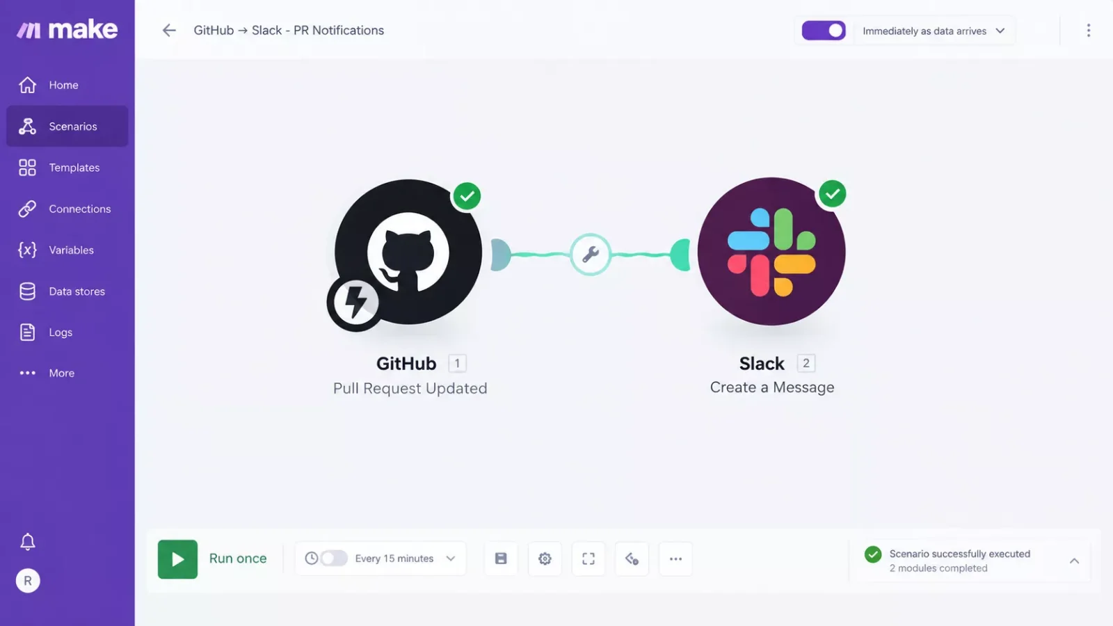 Make.com scenario builder showing a GitHub trigger module connected to a Slack action module