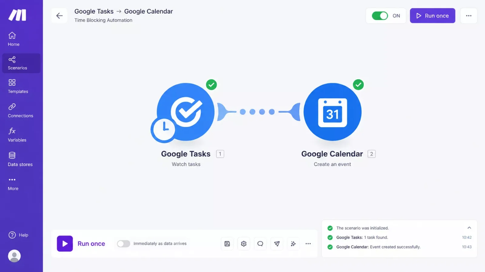 Make.com scenario editor showing a Google Tasks trigger module connected to a Google Calendar create-event module