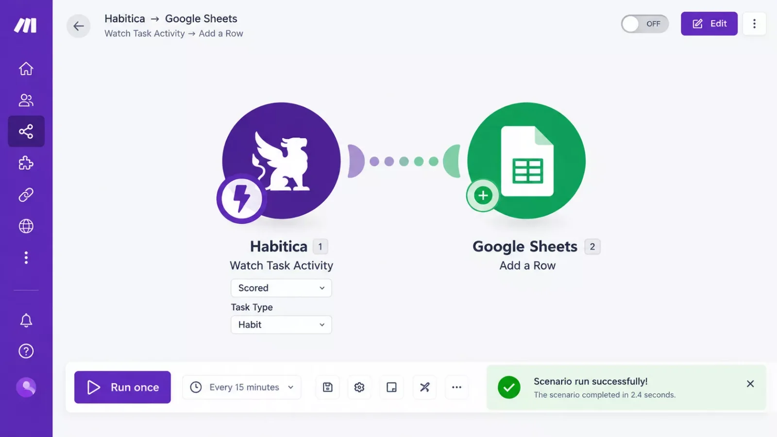 Make.com scenario with a Habitica Watch Task Activity module connected to a Google Sheets Add a Row module