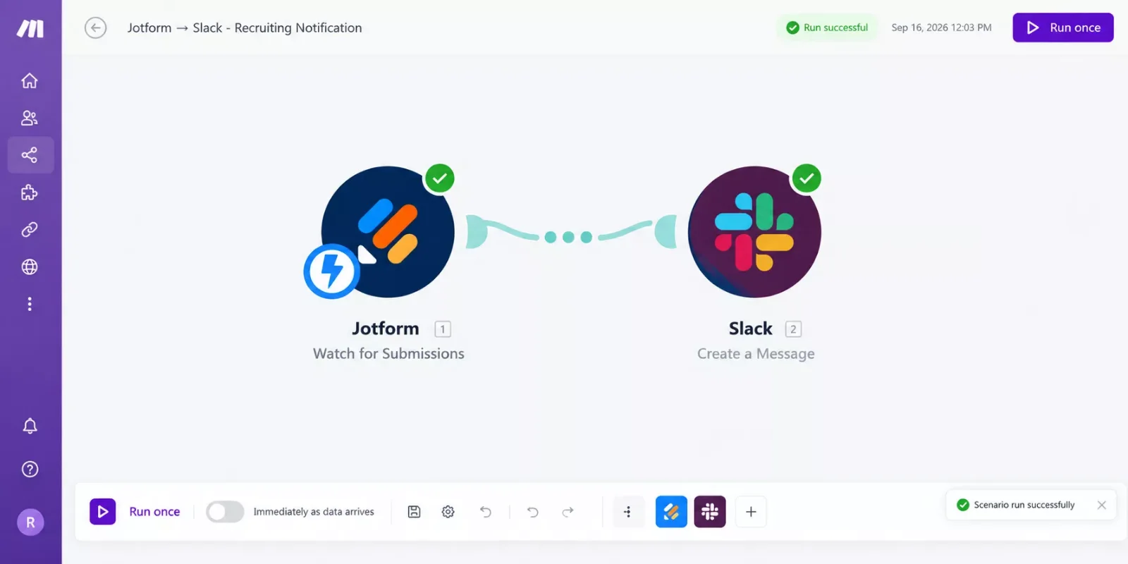 Make.com scenario showing a Jotform trigger module connected to a Slack notification module