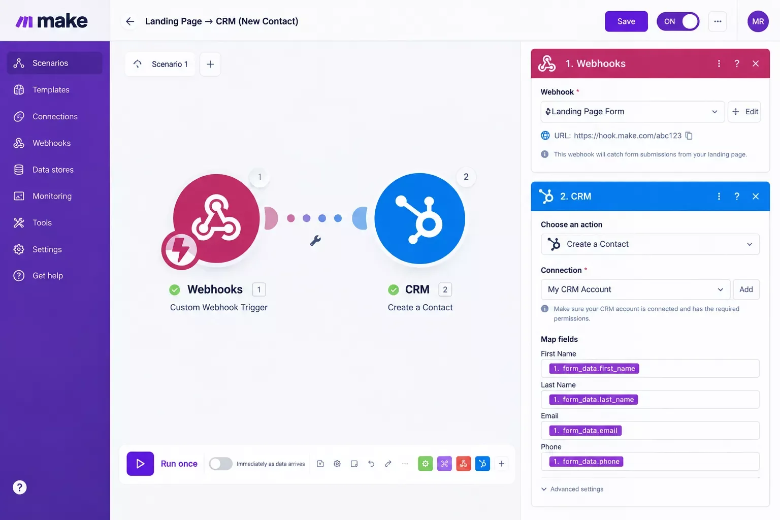 Make.com scenario connecting a landing page form submission to a CRM contact creation