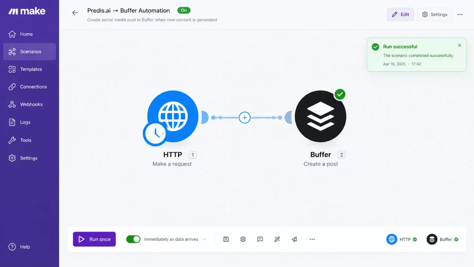 Make.com scenario showing HTTP module connected to Buffer's official app