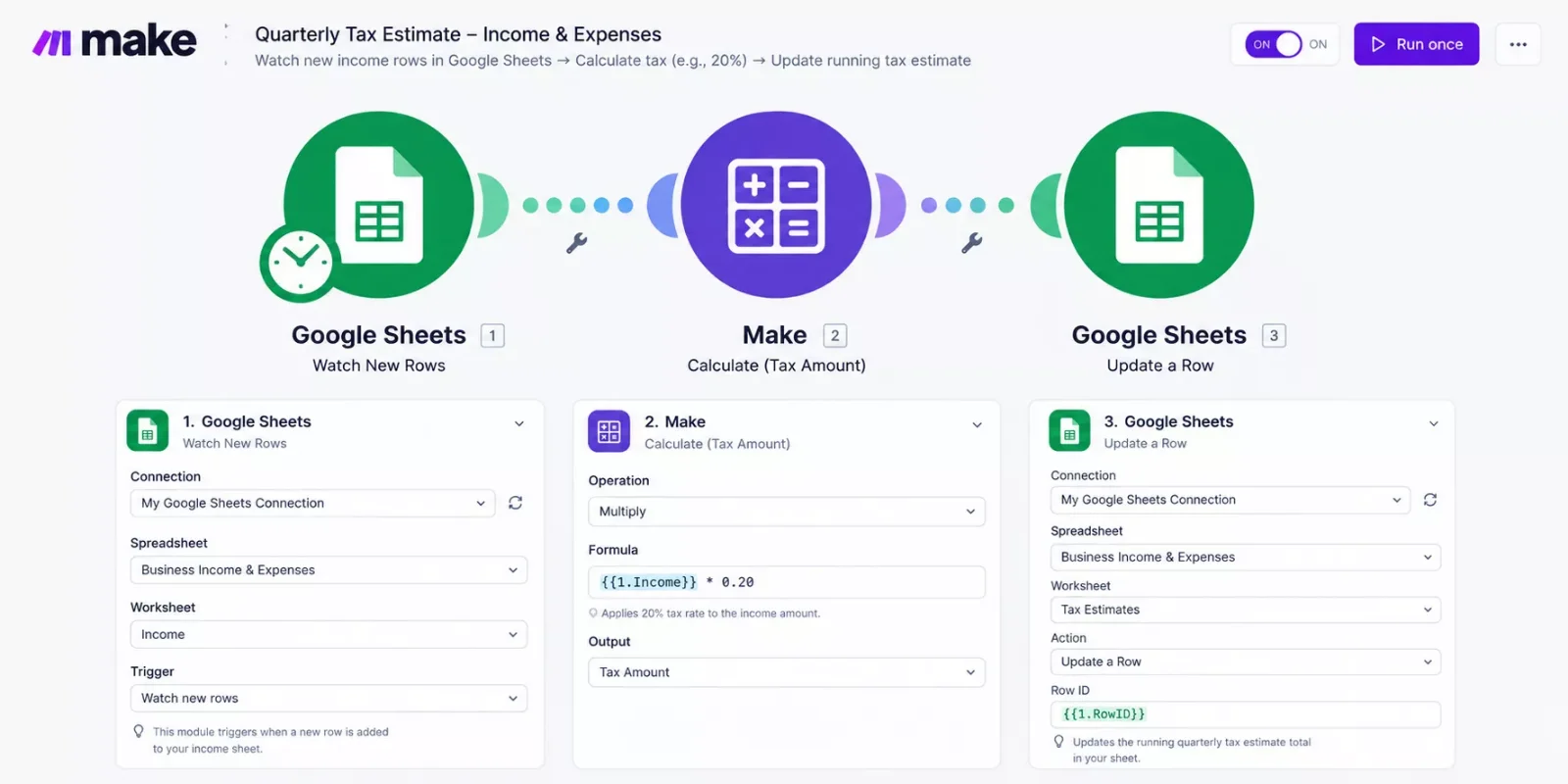Simple Make.com scenario connecting a spreadsheet of income and expenses to a calculated quarterly tax estimate