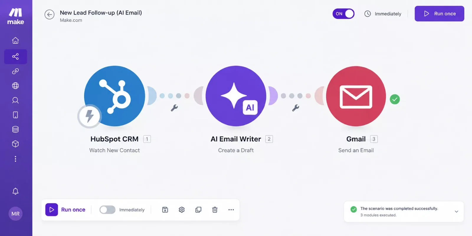 Make.com scenario canvas with an AI email writing module connected to a CRM trigger
