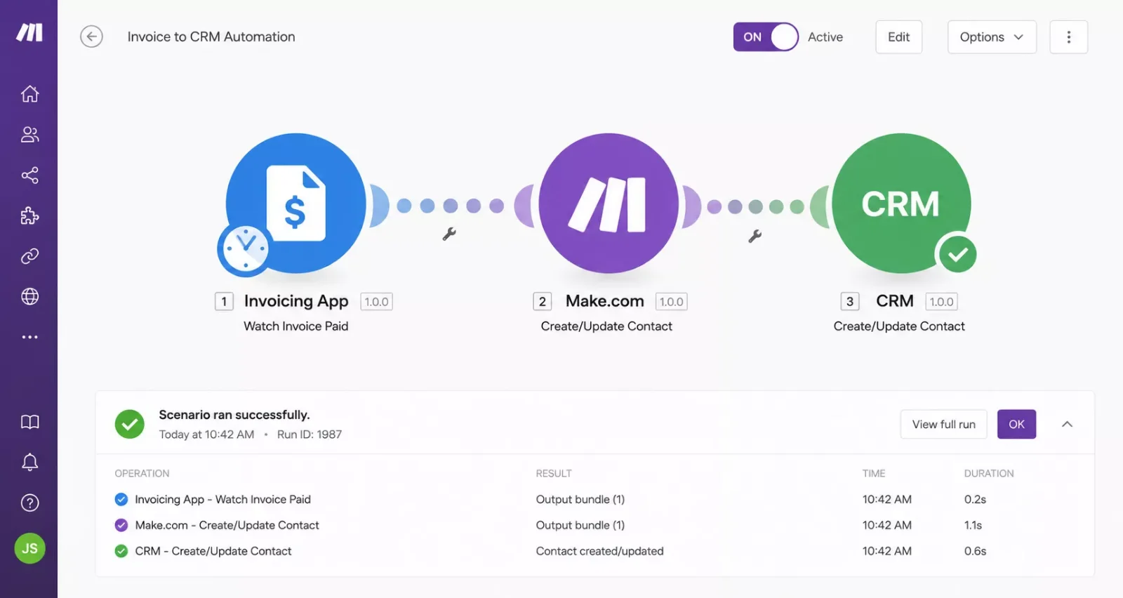 Screenshot-style concept of an automation scenario with a working data connection between two apps