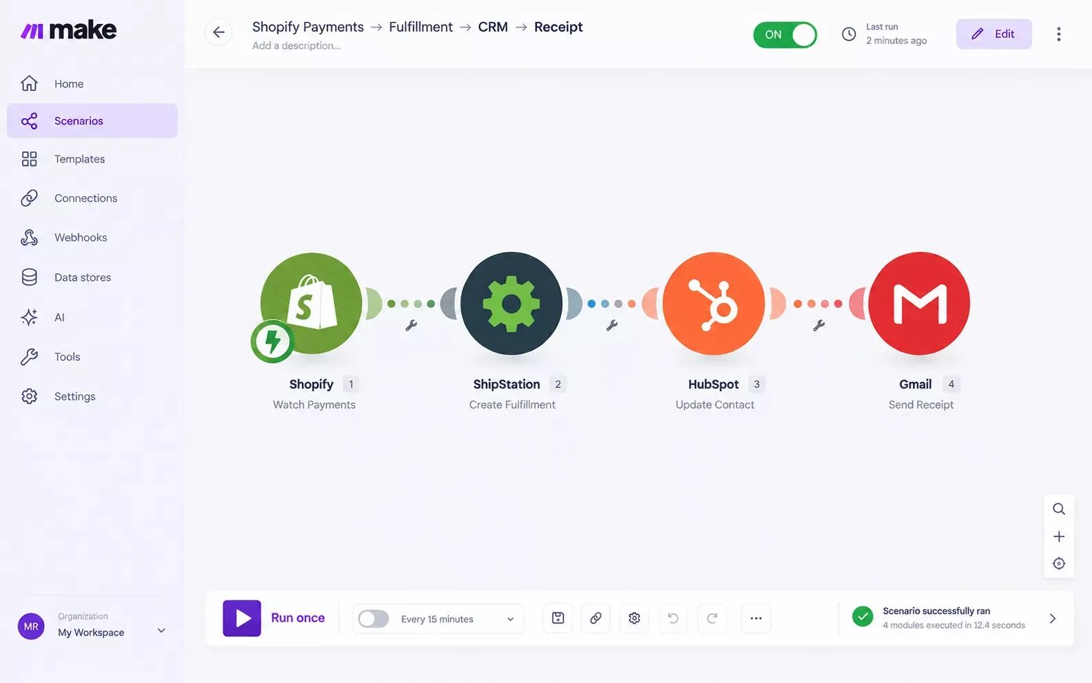 Small business owner viewing an automated Make.com scenario dashboard after a Shopify order