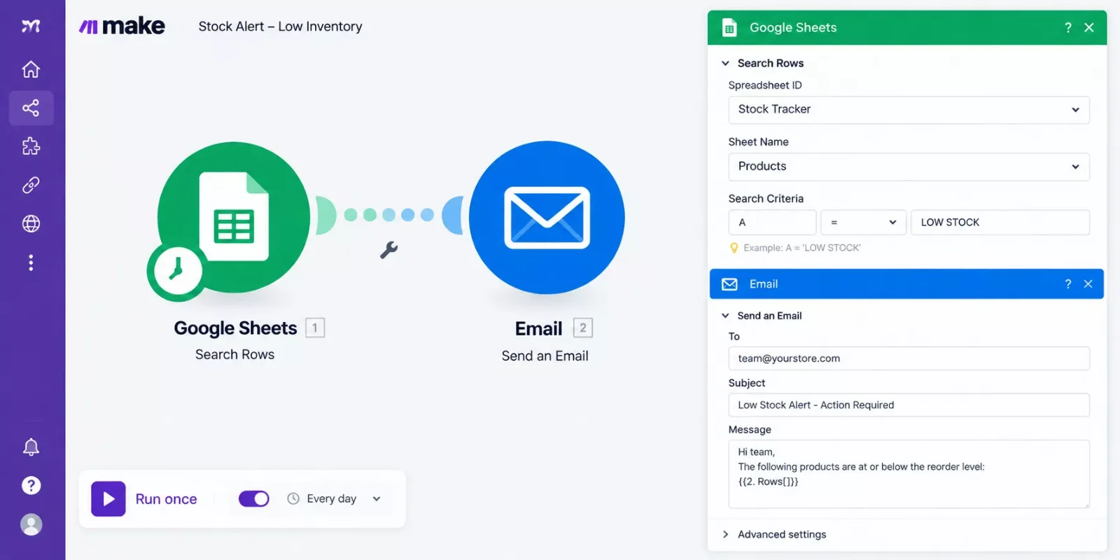 Make.com scenario with a Google Sheets Search Rows module connected to an email module