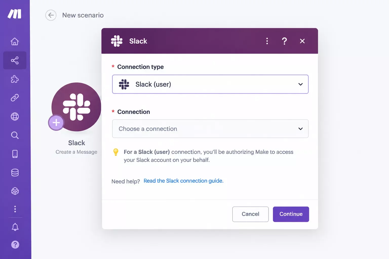 Screenshot of the Slack connection dialog with 'Slack (user)' selected as the connection type