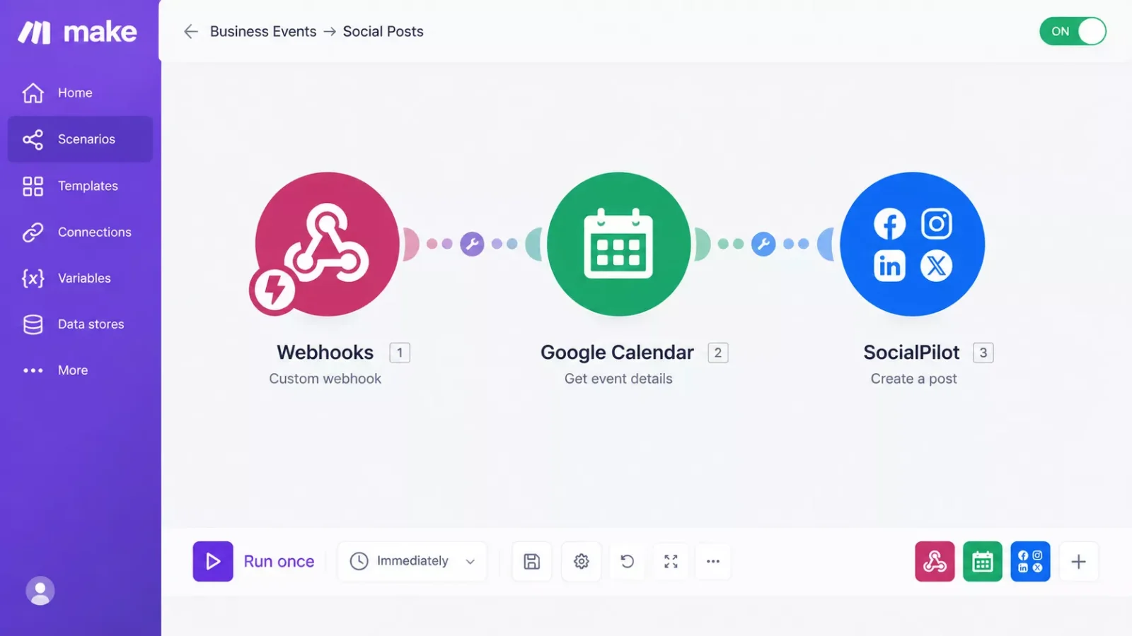 Make.com scenario screen showing a webhook connected to a social scheduling app